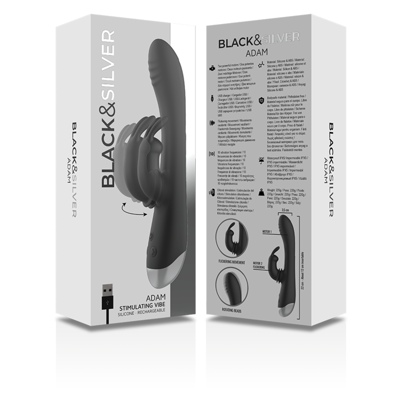 BLACK & SILVER - DJ. ADAM RABBIT SILICONE RECHARGEABLE BLACK STIMULATOR - Image 11