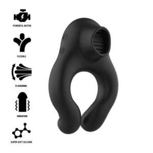 BLACK & SILVER - SILICONE VIBRATING RING 3 MOTORS BLACK RECHARGEABLE