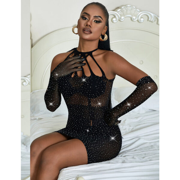 SUBBLIME - 952235 FISHNET BODYSTOCKING WITH RHINESTONES AND BLACK GLOVES ONE SIZE - Image 9