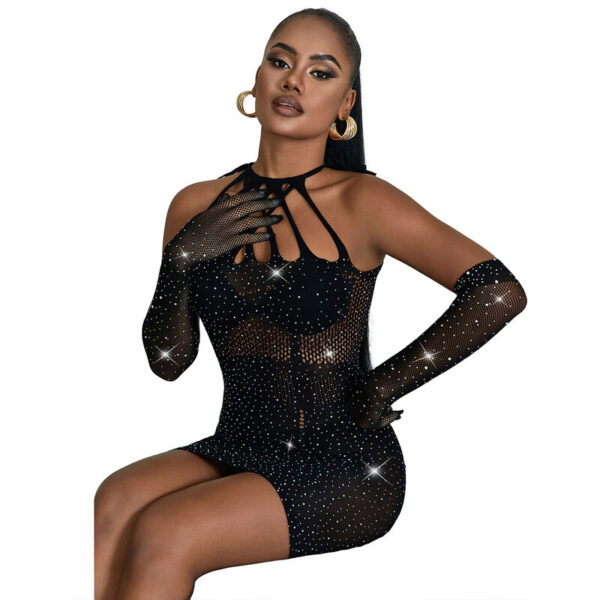 SUBBLIME - 952235 FISHNET BODYSTOCKING WITH RHINESTONES AND BLACK GLOVES ONE SIZE - Image 3
