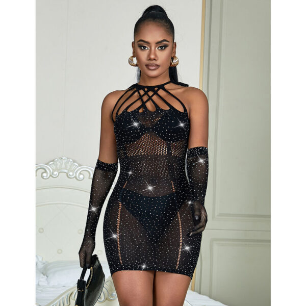 SUBBLIME - 952235 FISHNET BODYSTOCKING WITH RHINESTONES AND BLACK GLOVES ONE SIZE - Image 6