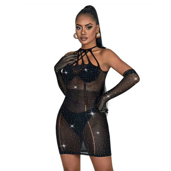SUBBLIME - 952235 FISHNET BODYSTOCKING WITH RHINESTONES AND BLACK GLOVES ONE SIZE - Image 4