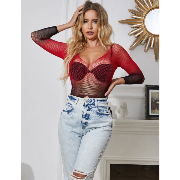 SUBBLIME - 952259 RED AND BLACK GRADIENT LONG SLEEVE ELASTIC FISHNET BODYSTOCKING ONE SIZE - Image 11