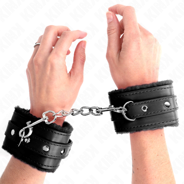 KINK - PREMIUM FUR LINED WRIST RESTRAINTS BLACK WITH BLACK BELT ADJUSTABLE 17-29 CM X 6 CM - Image 4