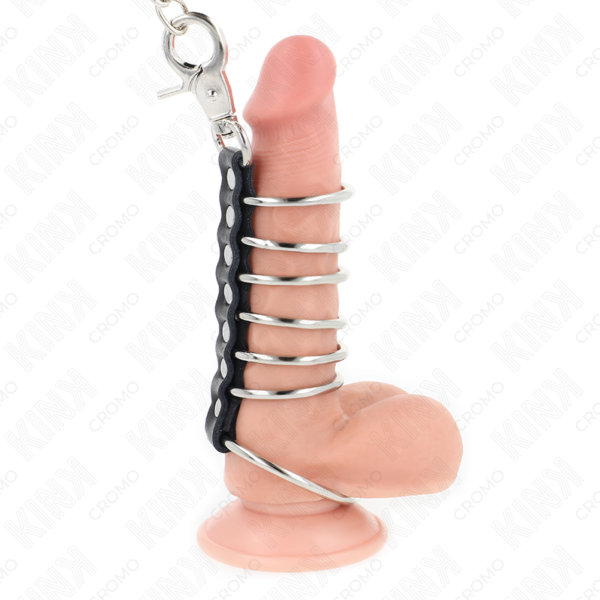 KINK - 7 METAL PENIS RINGS 3.8 CM TO 5 CM CONNECTED WITH LEATHER AND METAL CHAIN 100 CM - Image 2