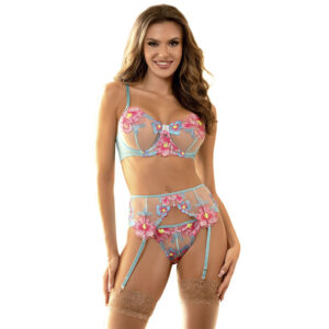 SUBBLIME - 954109 BRA + PANTIES WITH GARTER BELT FLORAL DESIGN BLUE