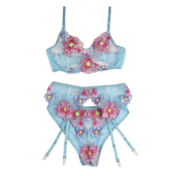 SUBBLIME - 954109 BRA + PANTIES WITH GARTER BELT FLORAL DESIGN BLUE - Image 5