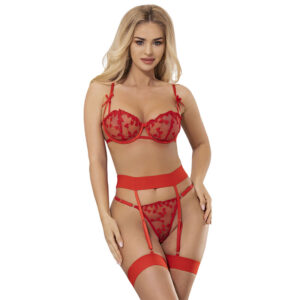 SUBBLIME - 954338 HEART PRINT BRA + THONG + GARTER BELT RED