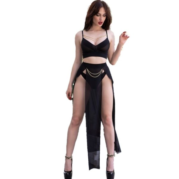CHILIROSE - CR 4672 BLACK TOP SKIRT AND THONG WITH GOLDEN CHAINS - Image 2