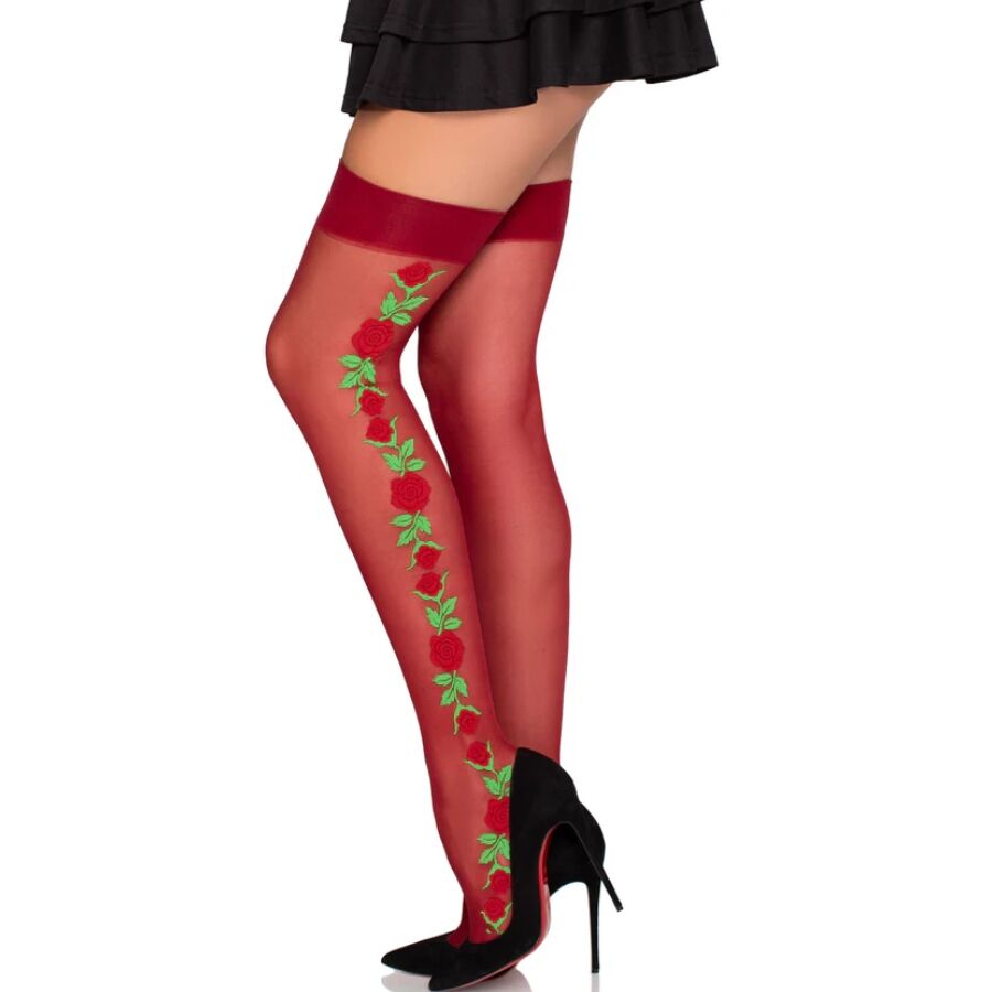 LEG AVENUE - 1957 GARTER BELT STOCKINGS WITH RED FLOWERS - ONE SIZE - Image 2