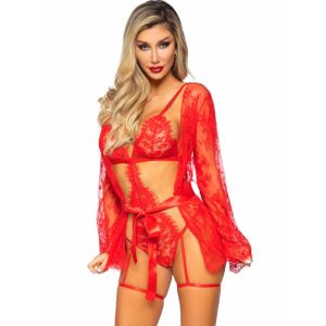 LEG AVENUE - 86123 TEDDY + GARTER ROBE SET RED SIZE