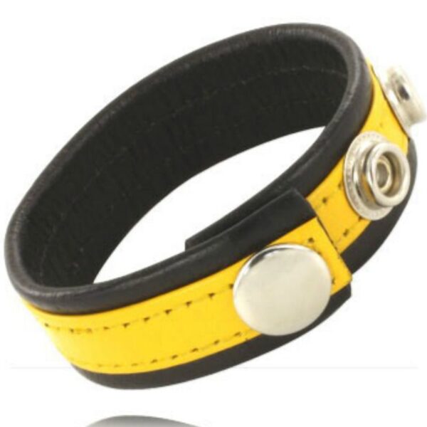 LEATHER BODY COCK AND BALL STRAP WITH SNAPS - BLACK AND YELLOW