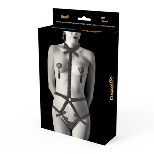 COQUETTE CHIC DESIRE ELASTIC HARNESS SET AND NIPPLE COVERS BLACK - Image 4